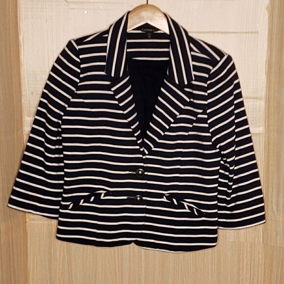 Express Womens Navy Blue White Stripe Knit Blazer Medium - Picture 1 of 5